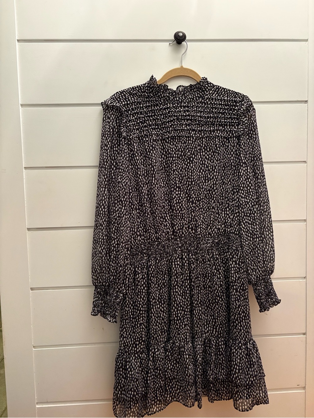 MSK XL Black Ivory Printed Smocked Waist Ruffle Tiered Dress